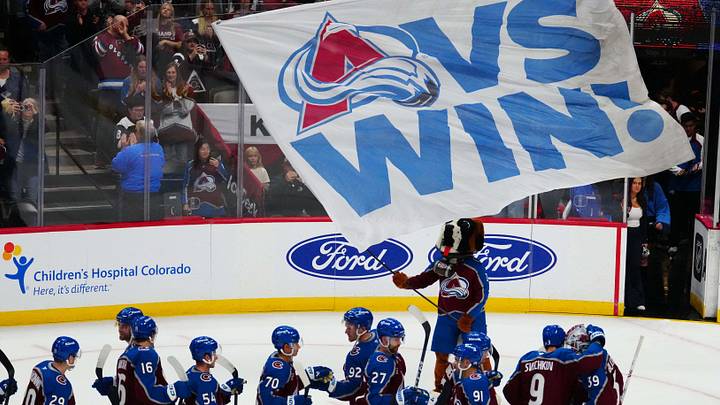 Sep 25, 2026; Denver, Colorado, USA; Members of the Colorado Avalanche celebrate a pre season win against the against the against the Winnipeg Jets in the third period at Ball Arena. Mandatory Credit: Ron Chenoy-Imagn Images Sep 25, 2026; Denver, Colorado, USA; Members of the Colorado Avalanche celebrate a pre season win against the against the against the Winnipeg Jets in the third period at Ball Arena. Mandatory Credit: Ron Chenoy-Imagn Images