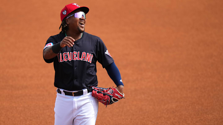Cleveland Guardians third baseman Jose Ramirez (11) smiles as he takes the field in the first inning during a MLB spring training baseball game against the Cincinnati Reds, Saturday, Feb. 24, 2024, at Goodyear Ballpark in Goodyear, Ariz. Cleveland Guardians third baseman Jose Ramirez (11) smiles as he takes the field in the first inning during a MLB spring training baseball game against the Cincinnati Reds, Saturday, Feb. 24, 2024, at Goodyear Ballpark in Goodyear, Ariz.