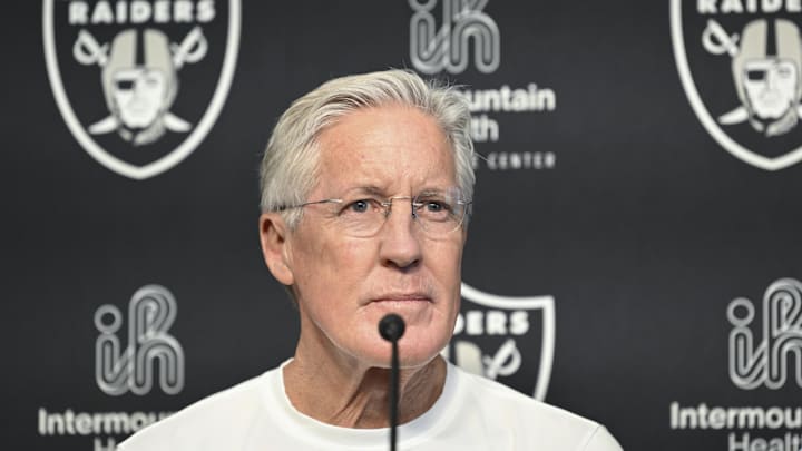 Apr 25, 2025; Henderson, NV, USA;  Las Vegas Raiders head coach Pete Carroll at a news conference introducing Ashton Jeanty as the first round draft pick in the 2025 NFL Draft at Intermountain Health Performance Center. Mandatory Credit: Candice Ward-Imagn Images