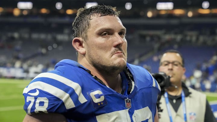 Jan 5, 2025; Indianapolis, Indiana, USA; Indianapolis Colts center Ryan Kelly (78) leaves the field after defeating the Jacksonville Jaguars 26-23 in overtime at Lucas Oil Stadium. Mandatory Credit: Christine Tannous/USA TODAY Network via Imagn Images