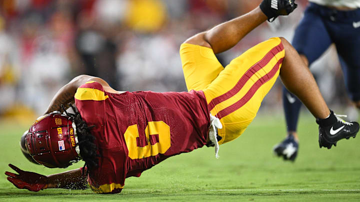Sep 7, 2024; Los Angeles, California, USA; USC Trojans wide receiver Makai Lemon (6) misses a catch in the end zone against the Utah State Aggies during the second quarter at United Airlines Field at Los Angeles Memorial Coliseum