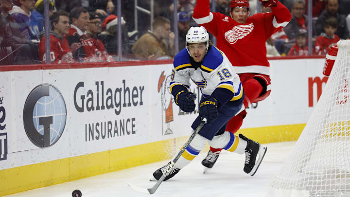 Dec 23, 2024; Detroit, Michigan, USA; St. Louis Blues center Robert Thomas (18) skates with the puck chased by Detroit Red Wings defenseman Moritz Seider (53) in the third period at Little Caesars Arena. Mandatory Credit: Rick Osentoski-Imagn Images Dec 23, 2024; Detroit, Michigan, USA; St. Louis Blues center Robert Thomas (18) skates with the puck chased by Detroit Red Wings defenseman Moritz Seider (53) in the third period at Little Caesars Arena. Mandatory Credit: Rick Osentoski-Imagn Images