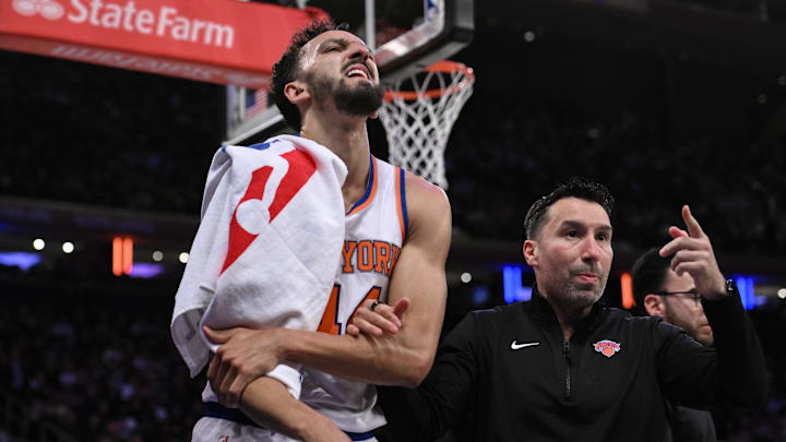 Oct 15, 2024; New York, New York, USA; New York Knicks guard Landry Shamet (44) heads to the locker room after an injury during the second half against the Charlotte Hornets at Madison Square Garden. Mandatory Credit: John Jones-Imagn Images