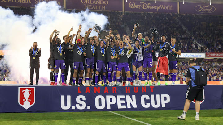 Sep 7, 2022; Orlando, Florida, US;   Orlando City celebrate after beating Sacramento Republic in the