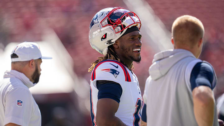 New England Patriots quarterback Joe Milton III during warmups before the start of the game against the San Francisco 49ers. New England Patriots quarterback Joe Milton III during warmups before the start of the game against the San Francisco 49ers.