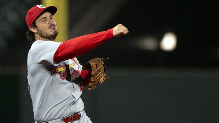 Sep 22, 2025; San Francisco, California, USA; St. Louis Cardinals third baseman Nolan Arenado (28) throws out San Francisco Giants left fielder Heliot Ramos at first base during the seventh inning at Oracle Park. Mandatory Credit: D. Ross Cameron-Imagn Images