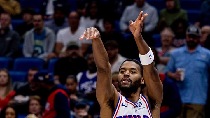 Mar 24, 2025; New Orleans, Louisiana, USA; Philadelphia 76ers guard Jared Butler (12) shoots a jump shot against the New Orleans Pelicans during the first half at Smoothie King Center. Mandatory Credit: Stephen Lew-Imagn Images Mar 24, 2025; New Orleans, Louisiana, USA; Philadelphia 76ers guard Jared Butler (12) shoots a jump shot against the New Orleans Pelicans during the first half at Smoothie King Center. Mandatory Credit: Stephen Lew-Imagn Images