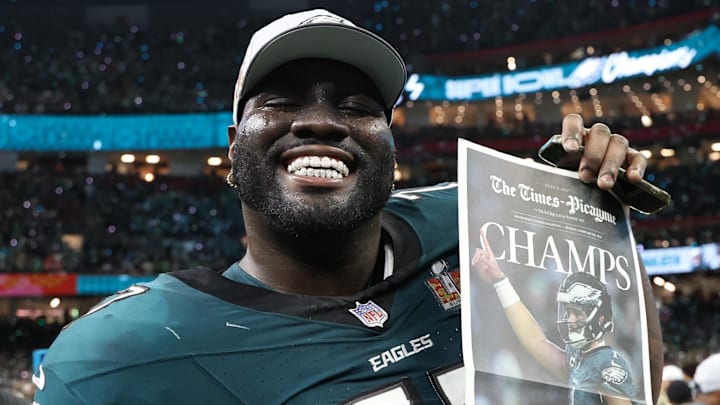 Feb 9, 2025; New Orleans, LA, USA; Philadelphia Eagles offensive tackle Mekhi Becton (77) celebrates on the field after Super Bowl LIX against the Kansas City Chiefs at Caesars Superdome. Feb 9, 2025; New Orleans, LA, USA; Philadelphia Eagles offensive tackle Mekhi Becton (77) celebrates on the field after Super Bowl LIX against the Kansas City Chiefs at Caesars Superdome.