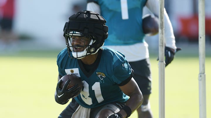 Jacksonville Jaguars running back Keilan Robinson (31) runs drills during the fourth day of the NFL football training camp practice session Saturday, July 27, 2024 at EverBank Stadium's Miller Electric Center in Jacksonville, Fla. [Bob Self/Florida Times-Union]