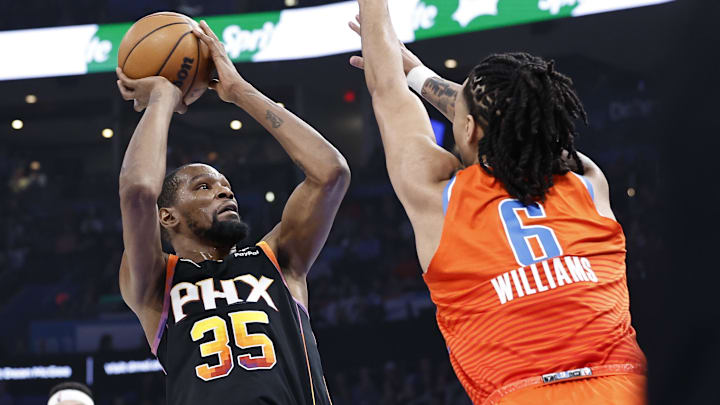 Mar 29, 2024; Oklahoma City, Oklahoma, USA; Phoenix Suns forward Kevin Durant (35) shoots as