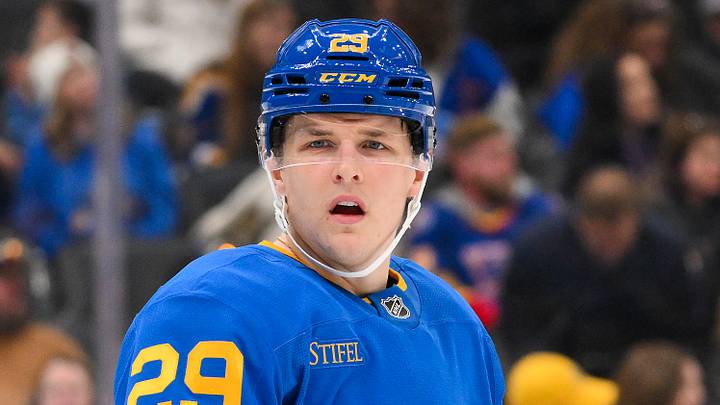 Jan 31, 2026; St. Louis, Missouri, USA; St. Louis Blues right wing Jonatan Berggren (29) looks on during the third period against the Columbus Blue Jackets at Enterprise Center. Mandatory Credit: Jeff Curry-Imagn Images