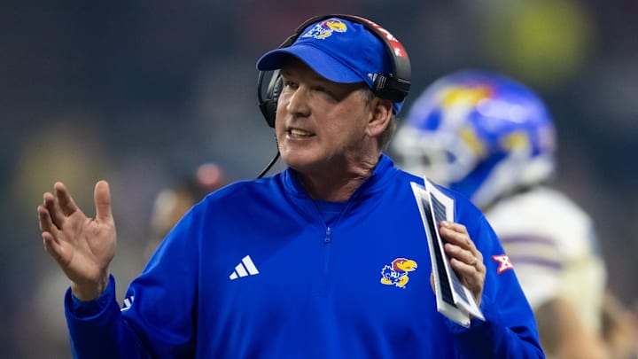 Dec 26, 2023; Phoenix, AZ, USA; Kansas Jayhawks head coach Lance Leipold against the UNLV Rebels in the Guaranteed Rate Bowl at Chase Field. Mandatory Credit: Mark J. Rebilas-USA TODAY Sports Dec 26, 2023; Phoenix, AZ, USA; Kansas Jayhawks head coach Lance Leipold against the UNLV Rebels in the Guaranteed Rate Bowl at Chase Field. Mandatory Credit: Mark J. Rebilas-USA TODAY Sports