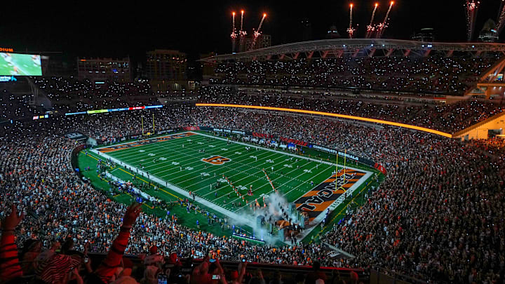 The Cincinnati Bengals take the field for Monday Night Football against the Washington Commanders on September 23, 2024 at Paycor Stadium.