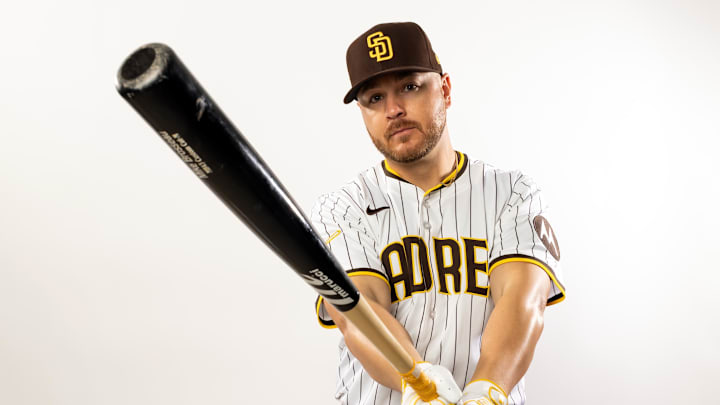 Feb 19, 2025; Peoria, AZ, USA; San Diego Padres infielder Mike Brosseau poses for a portrait during Media Day at Peoria Sports Complex. Mandatory Credit: Mark J. Rebilas-Imagn Images