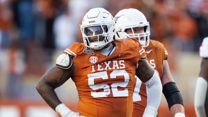 Dec 21, 2024; Austin, Texas, USA; Texas Longhorns offensive lineman DJ Campbell (52) against the Clemson Tigers during the CFP National playoff first round at Darrell K Royal-Texas Memorial Stadium. Mandatory Credit: Mark J. Rebilas-Imagn Images