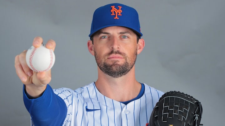 Feb 20, 2025; Port St. Lucie, FL, USA; New York Mets relief pitcher Clay Holmes (35) poses for a photo during picture day at Clover Park. Mandatory Credit: Sam Navarro-Imagn Images