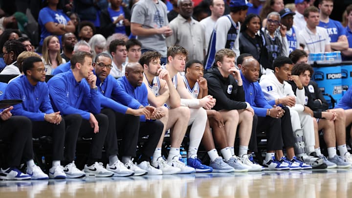 Mar 31, 2024; Dallas, TX, USA; The Duke basketball bench looks on in the second half against the