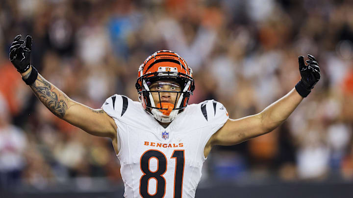 Aug 10, 2024; Cincinnati, Ohio, USA; Cincinnati Bengals wide receiver Jermaine Burton (81) reacts after scoring a touchdown in the second half against the Tampa Bay Buccaneers at Paycor Stadium. Mandatory Credit: Katie Stratman-Imagn Images Aug 10, 2024; Cincinnati, Ohio, USA; Cincinnati Bengals wide receiver Jermaine Burton (81) reacts after scoring a touchdown in the second half against the Tampa Bay Buccaneers at Paycor Stadium. Mandatory Credit: Katie Stratman-Imagn Images