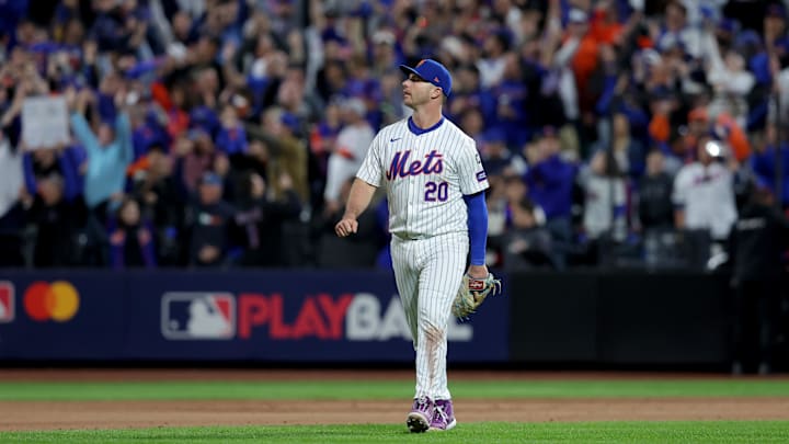 Oct 18, 2024; New York City, New York, USA; New York Mets first baseman Pete Alonso (20) reacts after the Mets defeated the Los Angeles Dodgers in game five of the NLCS during the 2024 MLB playoffs at Citi Field. Oct 18, 2024; New York City, New York, USA; New York Mets first baseman Pete Alonso (20) reacts after the Mets defeated the Los Angeles Dodgers in game five of the NLCS during the 2024 MLB playoffs at Citi Field.