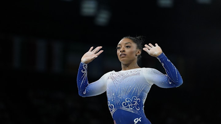 Simone Biles competes on the beam on day three of the gymnastics event finals during the Paris 2024 Olympic Summer Games. Simone Biles competes on the beam on day three of the gymnastics event finals during the Paris 2024 Olympic Summer Games.
