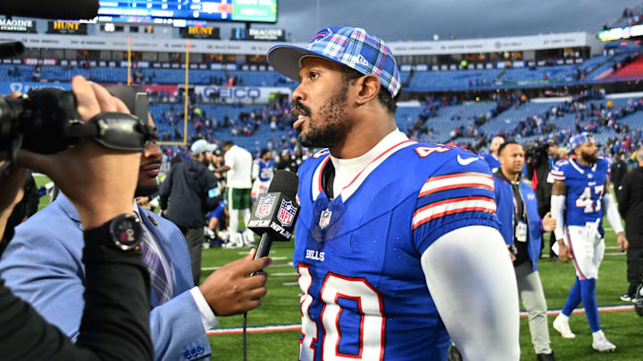 Dec 29, 2024; Orchard Park, New York, USA; Buffalo Bills linebacker Von Miller (40) gives an interview after a game against the New York Jets at Highmark Stadium.