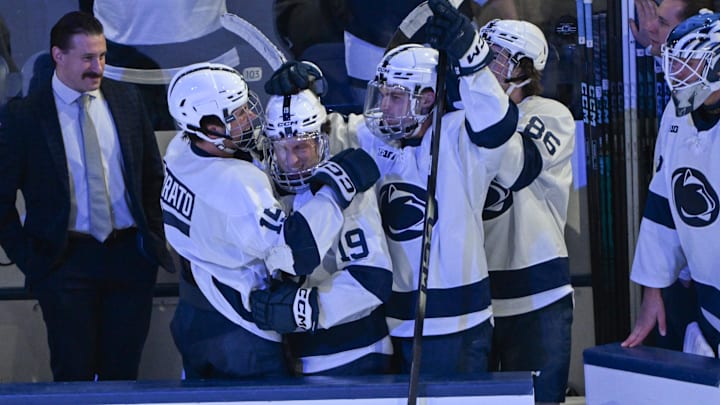 Oct 10, 2025; University Park, PA, USA; Penn State Nittany Lions forward Dane Dowiak (19) celebrates a goal in the second period of a game against the Clarkson Golden Knights at Pegula Ice Arena. Mandatory Credit: Barry Reeger-Imagn Images Oct 10, 2025; University Park, PA, USA; Penn State Nittany Lions forward Dane Dowiak (19) celebrates a goal in the second period of a game against the Clarkson Golden Knights at Pegula Ice Arena. Mandatory Credit: Barry Reeger-Imagn Images