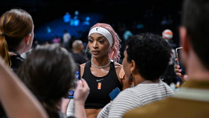 Aug 10, 2025; Brooklyn, New York, USA; Minnesota Lynx guard DiJonai Carrington (3) speaks to the media before a game against the New York Liberty at Barclays Center. Mandatory Credit: John Jones-Imagn Images