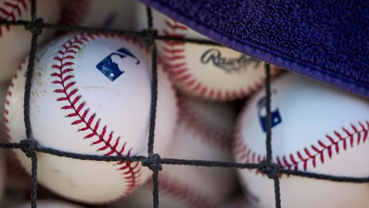 Practice baseballs are stored in buckets at the Cincinnati Reds Player Development Complex in Goodyear, Ariz., on Friday, Feb. 14, 2025.
