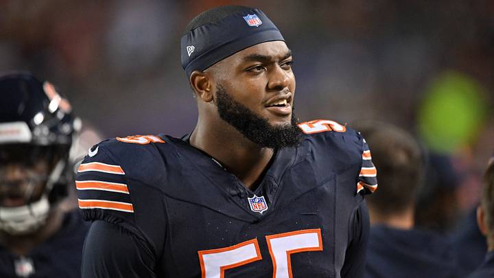 Chicago Bears defensive end Dayo Odeyingbo (55) looks on during the second half against the Philadelphia Eagles at Soldier Field. Mandatory Credit: Patrick Gorski-Imagn Images Chicago Bears defensive end Dayo Odeyingbo (55) looks on during the second half against the Philadelphia Eagles at Soldier Field. Mandatory Credit: Patrick Gorski-Imagn Images