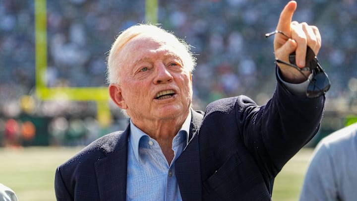 Dallas Cowboys Owner, President and general manager Jerry Jones stands on the field prior to a game against the New York Jets at MetLife Stadium. Mandatory Credit: Robert Deutsch-Imagn Images