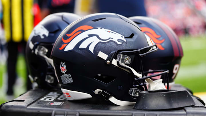 Aug 25, 2024; Denver, Colorado, USA; Detail view of the helmets worn by the Denver Broncos during the second half against the Arizona Cardinals t Empower Field at Mile High. Mandatory Credit: Ron Chenoy-Imagn Images Aug 25, 2024; Denver, Colorado, USA; Detail view of the helmets worn by the Denver Broncos during the second half against the Arizona Cardinals t Empower Field at Mile High. Mandatory Credit: Ron Chenoy-Imagn Images