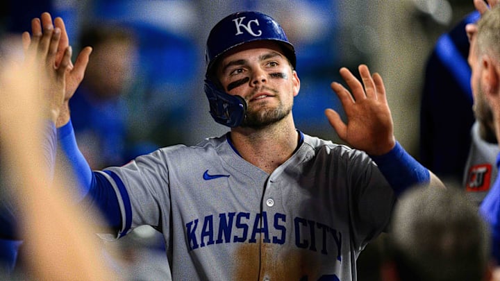 Sep 25, 2025; Anaheim, California, USA; Kansas City Royals second baseman Michael Massey (19) is greeted by teammates after scoring during the fifth inning against the Los Angeles Angels at Angel Stadium. Mandatory Credit: William Liang-Imagn Images Sep 25, 2025; Anaheim, California, USA; Kansas City Royals second baseman Michael Massey (19) is greeted by teammates after scoring during the fifth inning against the Los Angeles Angels at Angel Stadium. Mandatory Credit: William Liang-Imagn Images