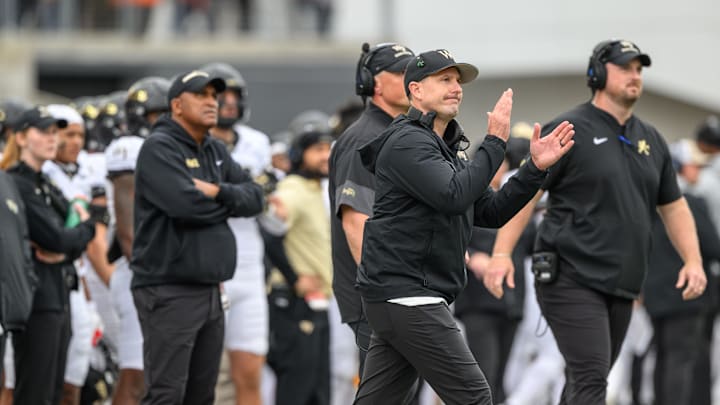 Oct 11, 2025; Corvallis, Oregon, USA; Wake Forest Demon Deacons head coach Jake Dickert reacts during the second quarter against the Oregon State Beavers at Reser Stadium. Oct 11, 2025; Corvallis, Oregon, USA; Wake Forest Demon Deacons head coach Jake Dickert reacts during the second quarter against the Oregon State Beavers at Reser Stadium.