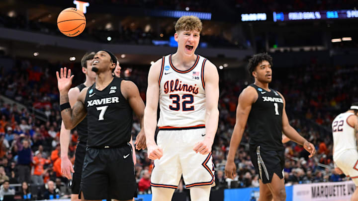 Mar 21, 2025; Milwaukee, WI, USA: Illinois Fighting Illini guard Kasparas Jakucionis (32) reacts during the second half against the Xavier Musketeers at Fiserv Forum. Mandatory Credit: Benny Sieu-Imagn Images