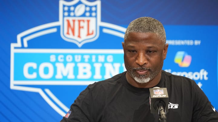 Feb 25, 2025; Indianapolis, IN, USA; New York Jets coach Aaron Glenn speaks during the NFL Scouting Combine at the Indiana Convention Center. Mandatory Credit: Kirby Lee-Imagn Images