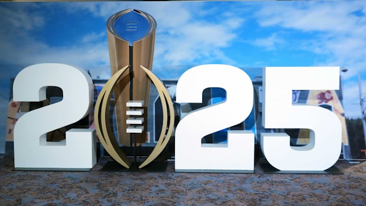 Jan 18, 2025; Atlanta, GA, USA; The 2025 College Football Playoff logo at the Westin Peachtree Plaza hotel. Mandatory Credit: Kirby Lee-Imagn Images