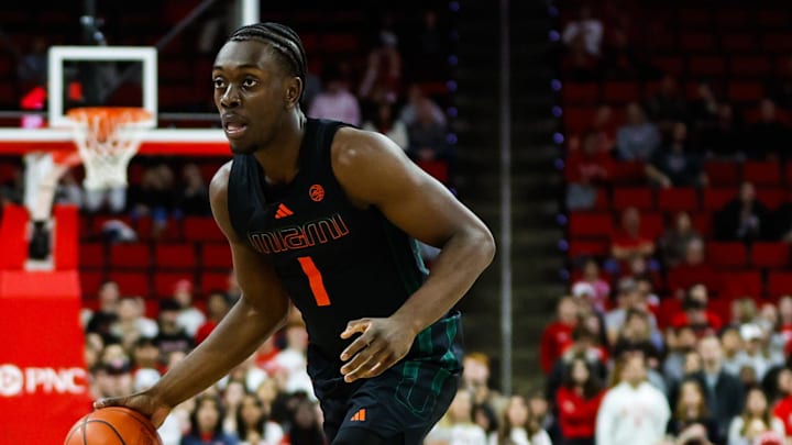 Jan 30, 2024; Raleigh, North Carolina, USA; Miami (Fl) Hurricanes center Michael Nwoko (1) dribbles
