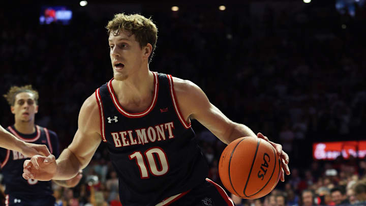 Nov 17, 2023; Tucson, Arizona, USA; Belmont Bruins guard Cade Tyson (10) dribbles towards the net