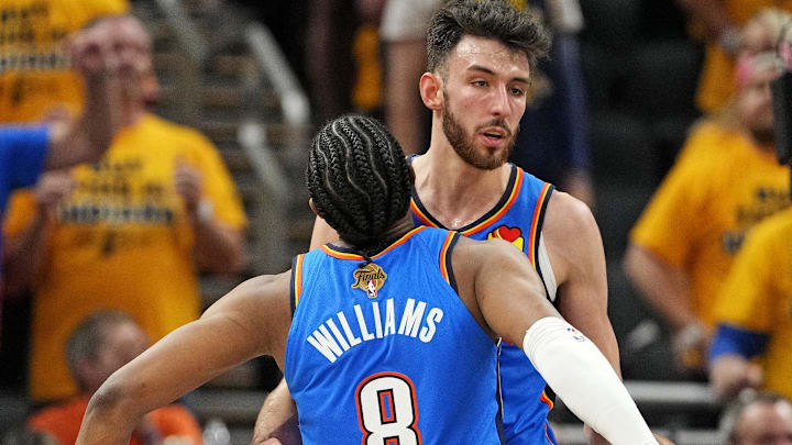 Jun 11, 2025; Indianapolis, Indiana, USA; Oklahoma City Thunder forward Jalen Williams (8) celebrates with center Chet Holmgren during the third quarter against the Indiana Pacers in game three of the 2025 NBA Finals at Gainbridge Fieldhouse. Mandatory Credit: Kyle Terada-Imagn Images Jun 11, 2025; Indianapolis, Indiana, USA; Oklahoma City Thunder forward Jalen Williams (8) celebrates with center Chet Holmgren during the third quarter against the Indiana Pacers in game three of the 2025 NBA Finals at Gainbridge Fieldhouse. Mandatory Credit: Kyle Terada-Imagn Images