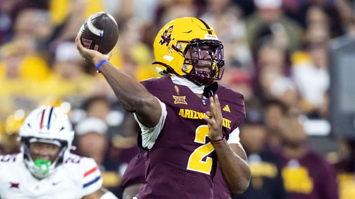 Nov 28, 2025; Tempe, Arizona, USA; Arizona State Sun Devils quarterback Jeff Sims (2) against the Arizona Wildcats during the 99th Territorial Cup at Mountain America Stadium. Mandatory Credit: Mark J. Rebilas-Imagn Images Nov 28, 2025; Tempe, Arizona, USA; Arizona State Sun Devils quarterback Jeff Sims (2) against the Arizona Wildcats during the 99th Territorial Cup at Mountain America Stadium. Mandatory Credit: Mark J. Rebilas-Imagn Images