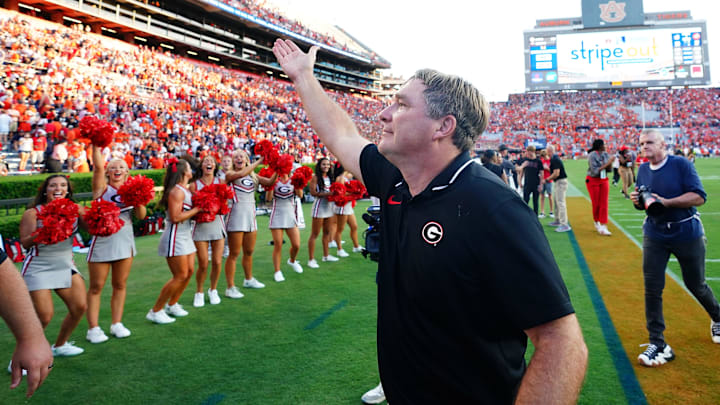 Georgia Bulldogs head coach Kirby Smart celebrates following the Bulldogs 27-20 victory at Jordan-Hare Stadium
