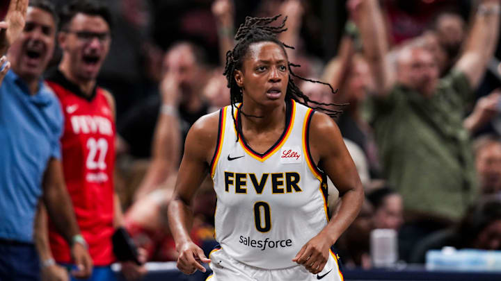Indiana Fever guard Kelsey Mitchell (0) runs down the court after scoring a 3-pointer Friday, Sept. 6, 2024, during a game between the Indiana Fever and the Minnesota Lynx at Gainbride Fieldhouse in Indianapolis. The Lynx defeated the Fever, 99-88.