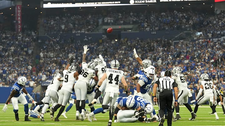 Indianapolis Colts kicker Spencer Shrader (3) kicks a field goal Sunday, Oct. 5, 2025, during a game against the Las Vegas Raiders at Lucas Oil Stadium in Indianapolis. The Colts defeated the Raiders 40-6.