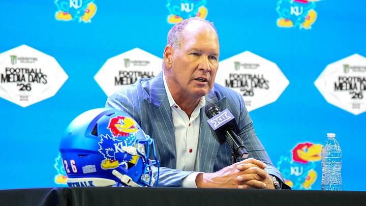 Jul 8, 2026; Frisco, TX, USA;  Kansas head coach Lance Leipold speaks to reporters during Big 12 Conference Football Media Days at The Star. Mandatory Credit: Raymond Carlin III-Imagn Images