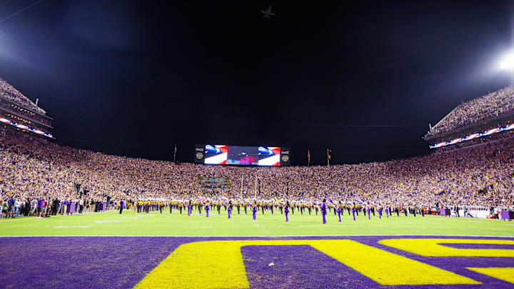 Nov 9, 2024; Baton Rouge, Louisiana, USA; Military planes fly over Tiger Stadium before the game between the LSU Tigers and the Alabama Crimson Tide. Mandatory Credit: Stephen Lew-Imagn Images Nov 9, 2024; Baton Rouge, Louisiana, USA; Military planes fly over Tiger Stadium before the game between the LSU Tigers and the Alabama Crimson Tide. Mandatory Credit: Stephen Lew-Imagn Images
