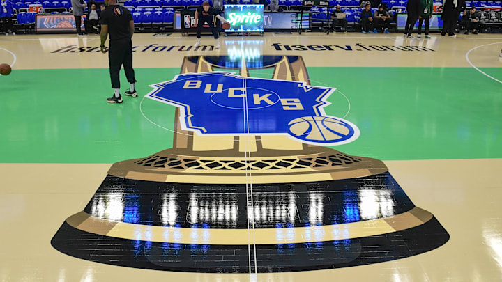 Nov 3, 2023; Milwaukee, Wisconsin, USA; Logo for the NBA In-Season Tournament for game between the Milwaukee Bucks and New York Knicks at Fiserv Forum. Mandatory Credit: Benny Sieu-Imagn Images