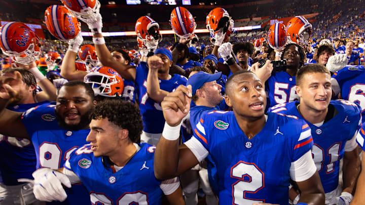 Florida Gators quarterback DJ Lagway (2) sings with his team at the end of the game at Ben Hill Griffin Stadium in Gainesville, FL on Saturday, October 5, 2024. The Gators defeated the Knights 24-13. [Doug Engle/Gainesville Sun]