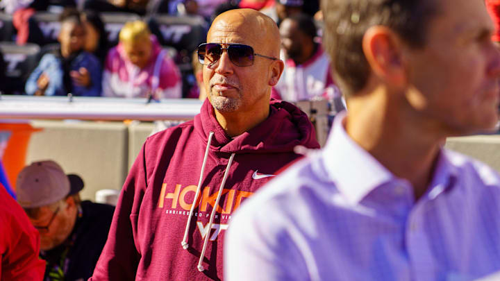 Nov 22, 2025; Blacksburg, Virginia, USA; Virginia Tech Hokies head coach James Franklin on the sidelines before the start of the game against the Miami (FL) Hurricanes at Lane Stadium. Mandatory Credit: Neville E. Guard-Imagn Images