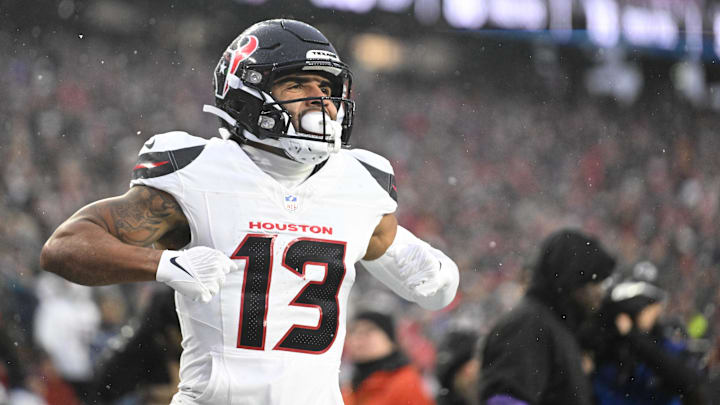 Jan 18, 2026; Foxborough, MA, USA; Houston Texans wide receiver Christian Kirk (13) celebrates a touchdown in the second quarter against the New England Patriots in an AFC Divisional Round game at Gillette Stadium. Mandatory Credit: Brian Fluharty-Imagn Images