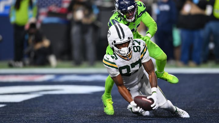 Green Bay Packers wide receiver Romeo Doubs (87) catches a pass for a touchdown against the Seattle Seahawks.